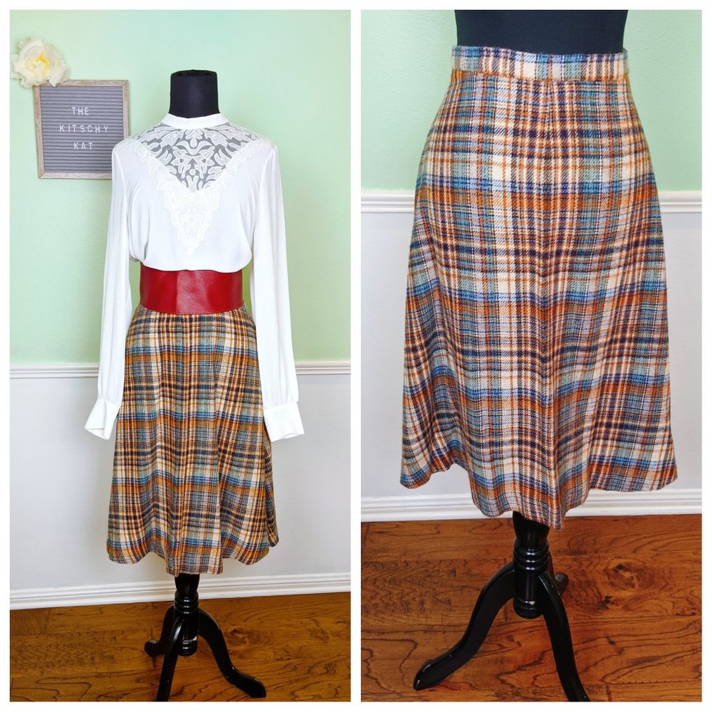 Danskin Plaid Midi Skirt in Brown, Blue, Tan